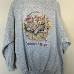 Vintage Country Kitten Cat Crewneck Sweatshirt Grey Size XL